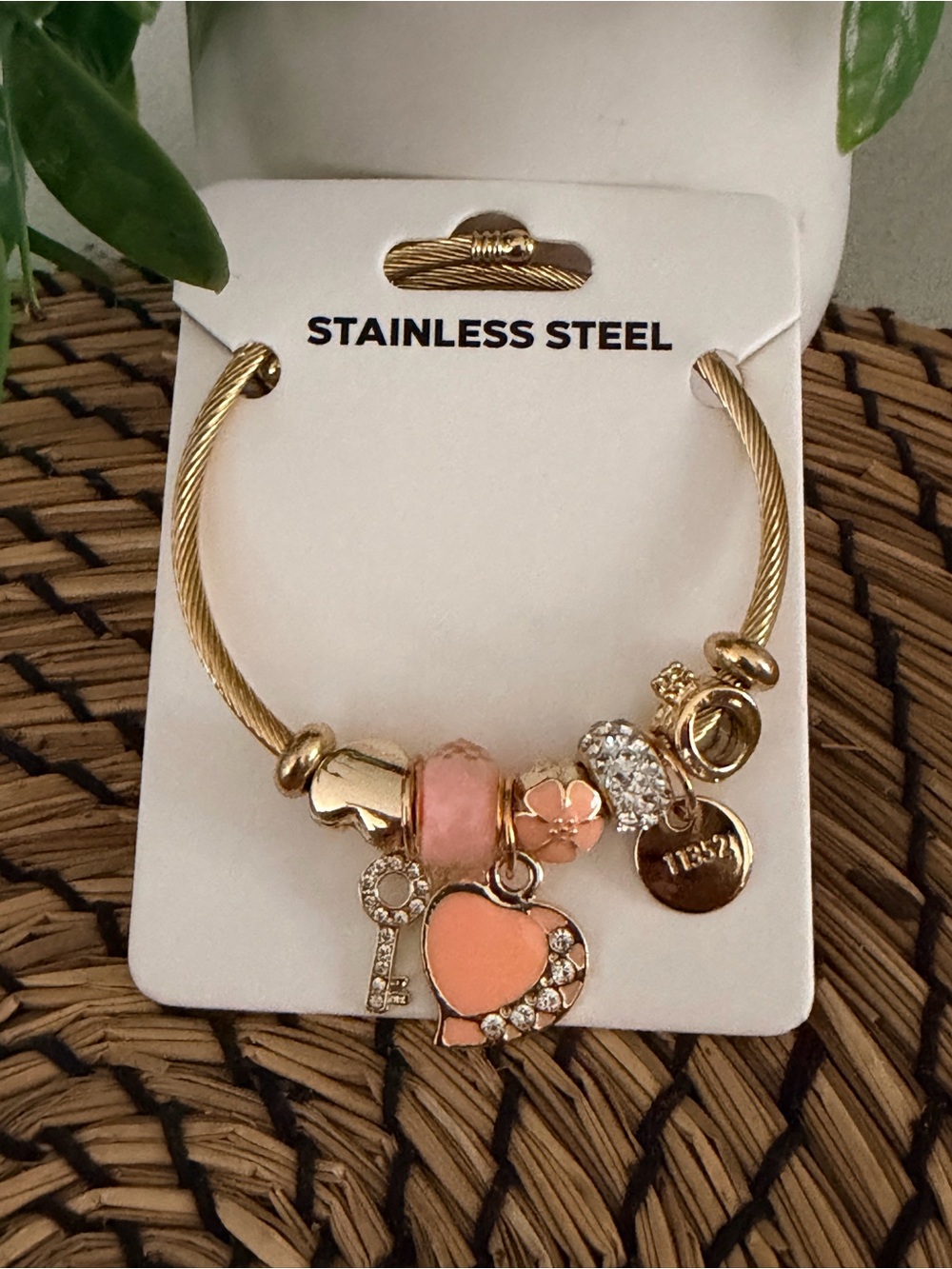 Stainless Steel Gold-Tone Charm Bracelet with Coral Pink Heart